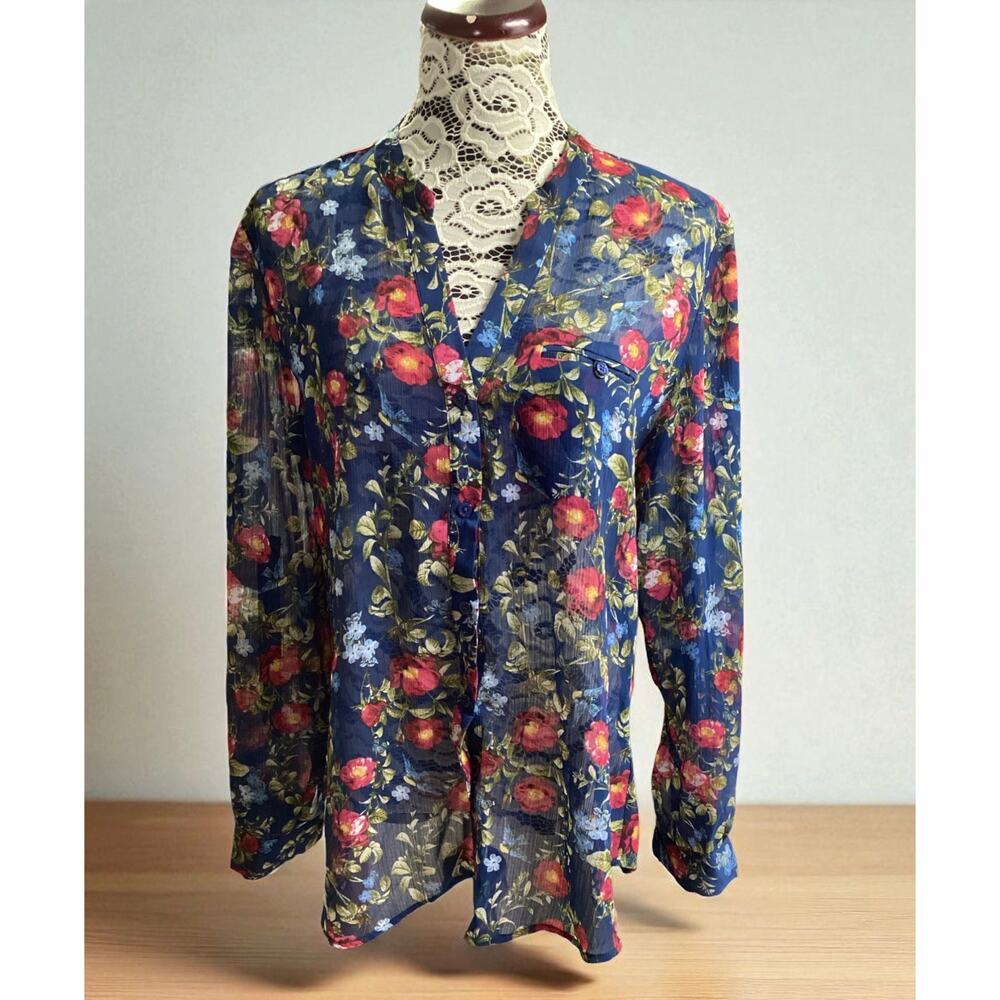 Kut from the Kloth women's blue floral chiffon button-down blouse sz L